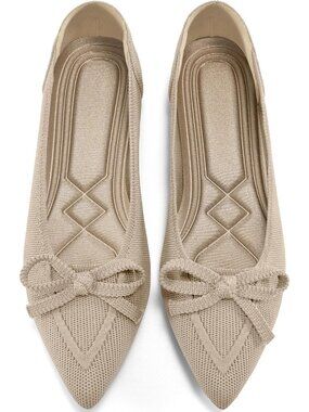 Women's Beige Dressy Pointed Toe Bow Knit Flats Comfortable Slip On Ballet Flats